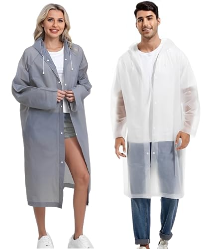 JITIFAZH Wasserdichter Regenponcho,2 Stück,leichter, wiederverwendbarer Regenmantel mit Kapuze, tragbarer Notfall-Poncho für Erwachsene, Familie, Wandern, Radfahren, Camping (Weiß+Grau) von JITIFAZH