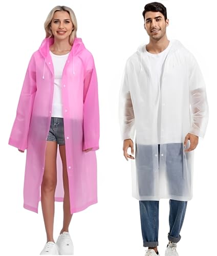 JITIFAZH Wasserdichter Regenponcho,2 Stück,leichter, wiederverwendbarer Regenmantel mit Kapuze, tragbarer Notfall-Poncho für Erwachsene, Familie, Wandern, Radfahren, Camping (Weiß+Rosa) von JITIFAZH