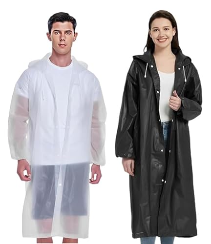 JITIFAZH Wasserdichter Regenponcho,2 Stück,leichter, wiederverwendbarer Regenmantel mit Kapuze, tragbarer Notfall-Poncho für Erwachsene, Familie, Wandern, Radfahren, Camping (Weiß+Schwarz) von JITIFAZH