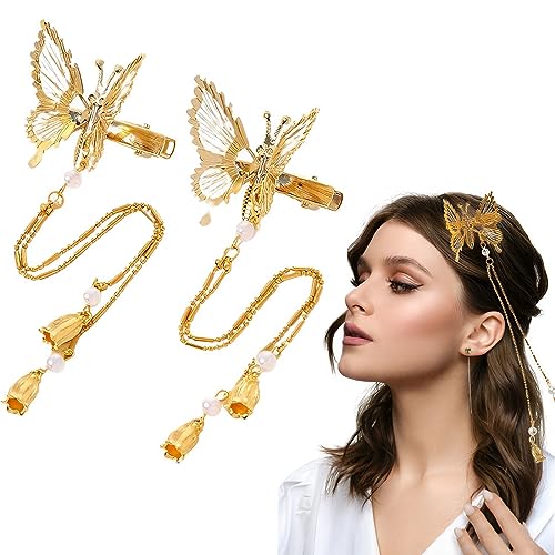 JITNGA 1Paar Elegante Schmetterling Haarnadel 3D Quaste Hängende Ohr Haarnadel Abnehmbarer Seitenclip Haarspange Dekorative Styling Kopfschmuck Accessoire Für Frauen Mädchen 5 × 20 cm (Gold) von JITNGA