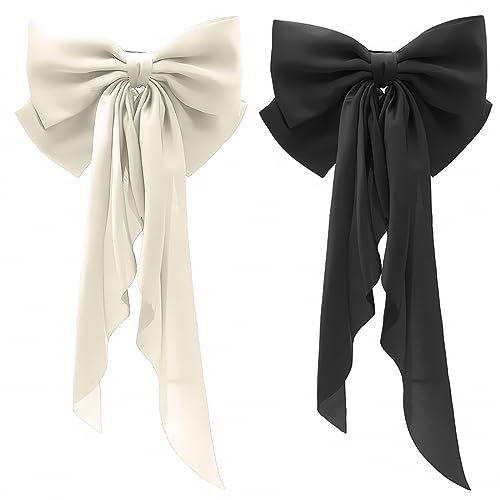 2 Stück Haarspangen Mit Großer Schleife Weicher Seidiger Satin-Haarspange Langer Schwanz Französisches 90Er-Jahre Bowknot-Clips Für Party Weihnachten Frauen Mädchen (Schwarz, Weiss) von JITNGA