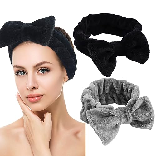 2 Stück Spa-Stirnband Schleifen-Haarband Make-Up-Stirnbänder Gesichtshautpflege Stirnband Handtuch Kopfwickel Waschen Gesichtsdusche Yoga Sport (Schwarz, Grau) von JITNGA