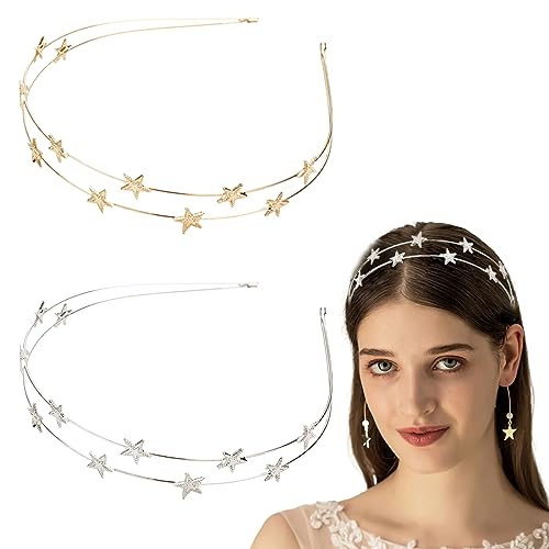 2 Stück Stern Stirnbänder Stern Haar Hoop Stirnband Für Frauen Mädchen Kopfschmuck Hochzeit Kopfstück Für Braut Gold Silber Metall Haar Bands Zubehör (Gold, Silber) von JITNGA