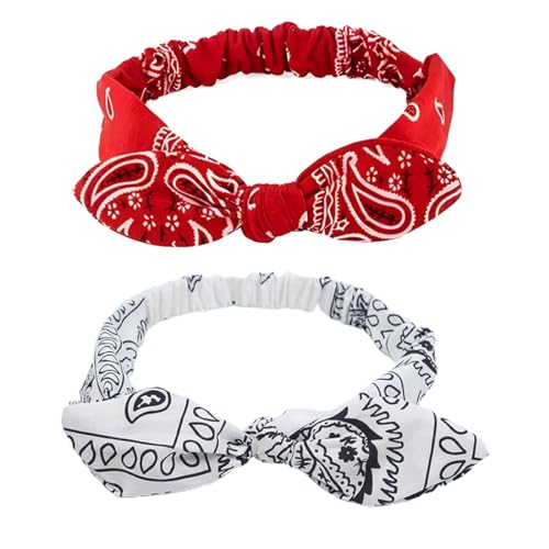 2 Stück Stirnbänder Haarschleife Bandanas Weiche Headwraps Dicker Knoten Haarband Dehnbar 90Er Jahre Vintage Schal Zubehör Perücke Grip Wraps Western Outfit Tuch Mode Frauen (Weinrot, Weiß) von JITNGA