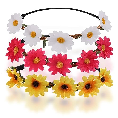 3 Stück Gänseblümchen-Blumen-Stirnband Blumenkrone Stirnbänder Verstellbar Elastisches Haarband Für Frauen Mädchen Damen Festival Hochzeit Party (Rot, Weiß, Gelb) von JITNGA