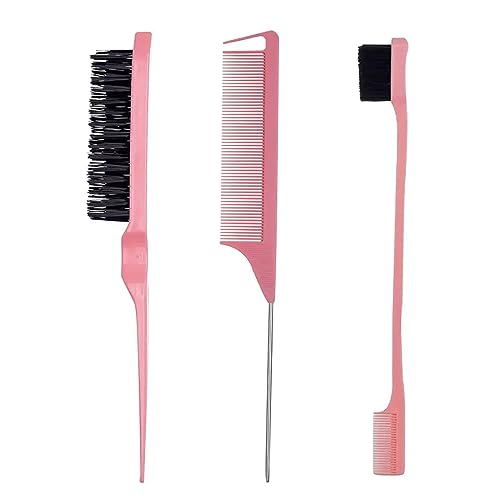 3 Stück Haarbürste Styling Kamm Set Doppelseitige Grooming Borste Haar Kante Bürste Rattenschwanz Kamm Teasing Kamm Kante Haarbürste Für Baby Haare Frauen Mädchen Kämmen Slicking Haar (Rosa) von JITNGA