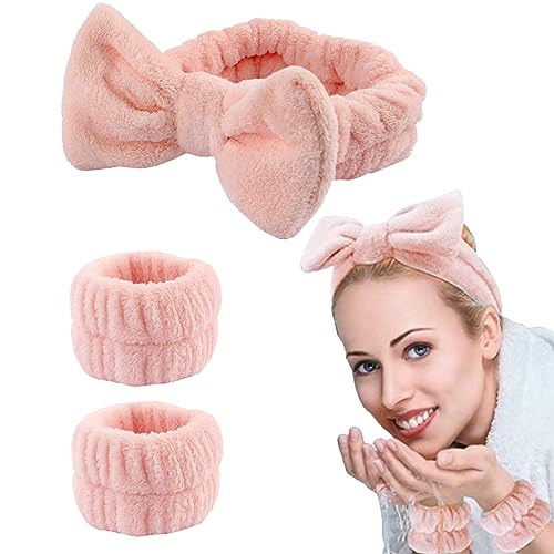 3 Stück Spa Stirnband Waschen Armband Waschen Set Dusche Gesicht Make-up Einstellbare Haarband Wristband Flüssigkeit Spill auf Arm geeignet für weibliche Mädchen (Light Pink) von JITNGA