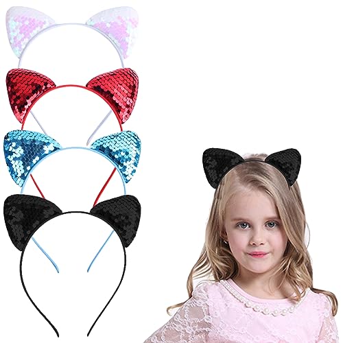 4 Stück Katzenohren-Stirnbänder Glitzer-Katzenohren Stirnband Für Mädchen Wendbare Pailletten Stirnbänder Katzenohren Haar-Accessoires Für Frauen Party-Dekoration von JITNGA