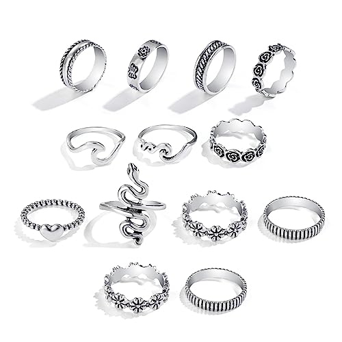 JITNGA 13 Stück Knuckle Rings Set Für Frauen Mädchen Schlangenkette Stapelring Vintage Boho Midi Ringe Größe Gemischt Einstellbare Punk Ring Set (Silber) von JITNGA