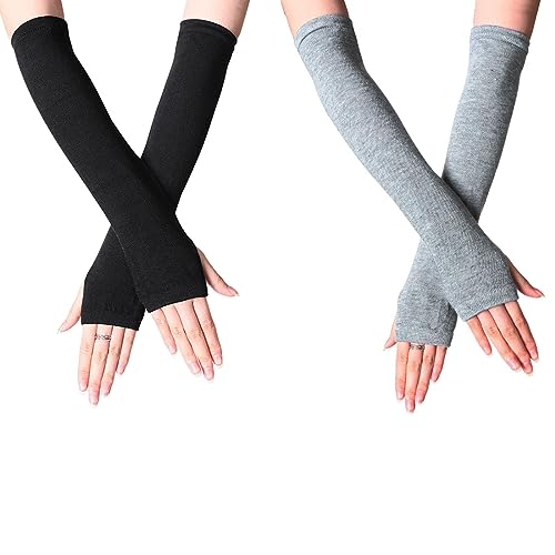 JITNGA 2 Paar Fingerlose Handschuhe Halbfinger Strickhandschuhe Mit Daumenloch Armstulpen Mode Herbst Winter Kalt Für Skifahren Radfahren Outdoor Büro Unisex (Hellgrau, Schwarz) von JITNGA