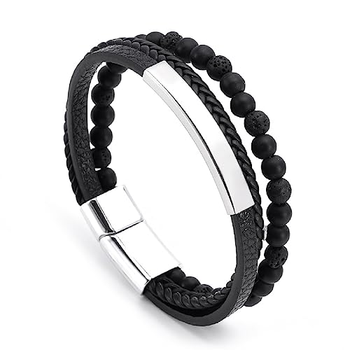 JITNGA Edelstahl Geflochten Mit Magnet Verschluss Armband Herren, Männer Armband, Lederarmband Magnetverschluss Aus Edelstahl, Wickelarmband Leder Armband Aus Geschenk Fuer Herren (Schwarz) von JITNGA