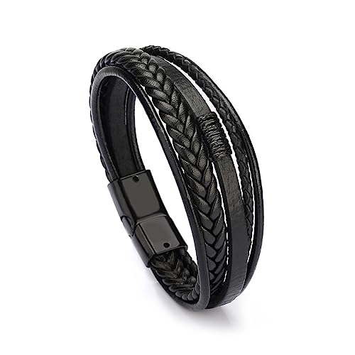 JITNGA Männer Armband, Armband Herren, Lederarmband Magnetverschluss Aus Edelstahl, Geflochtenes Armband Wickelarmband Leder Armband Aus Geschenk Fuer Herren (Schwarz) von JITNGA