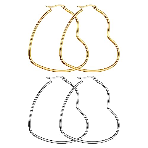 Jitnga 2 Paar Creolen Für Damen Mädchen Herzform, Edelstahl Hypoallergen Geometrische Creolen Damen Ohrringe Creolen Set Für Frau Mädchen (Gold Und Silber) von JITNGA