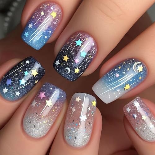 24 Stück Quadratische Falsche Nägel Mit Weltraumthema Mondstar Designs Acryl Glänzend Kleben Für Frauen Und Mädchen von JITNGM