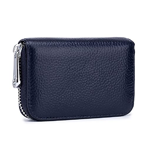 JIUFENG Card Wallet RFID Blocking Genuine Leather Multipurpose Zipper Card Holder Coins Pouches Unisex, Dunkelblau von JIUFENG