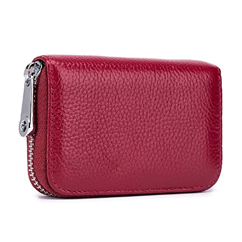 JIUFENG Card Wallet RFID Blocking Genuine Leather Multipurpose Zipper Card Holder Coins Pouches Unisex, Weinrot von JIUFENG