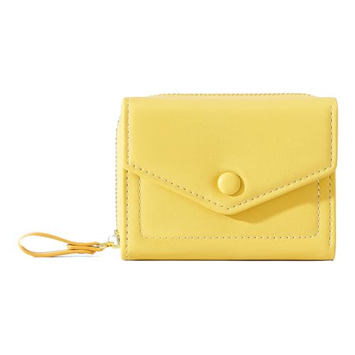 JIUFENG Damen Trifold Münzgeldbörse mit Reißverschluss, schlanke niedliche Tasche für Frauen mit ID-/Fotofenster (Gelb) von JIUFENG