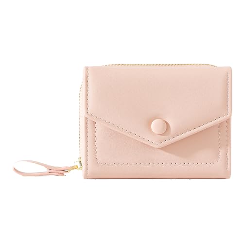 JIUFENG Damen Trifold Münzgeldbörse mit Reißverschluss, schlanke niedliche Tasche für Frauen mit ID-/Fotofenster (Rosa) von JIUFENG