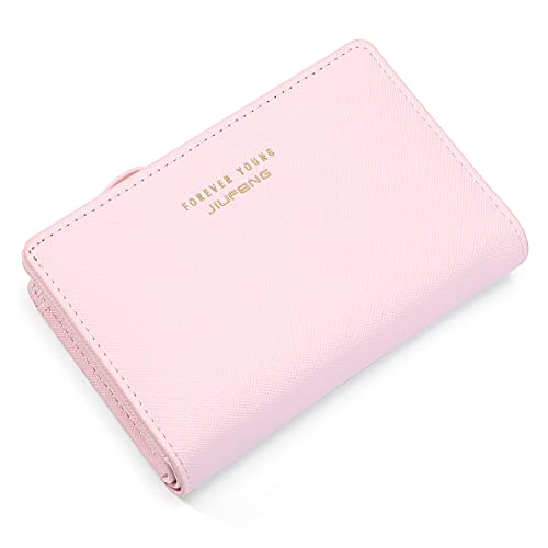 JIUFENG Frauen Reißverschluss Brieftasche RFID Blockierende Mehrzweck-Münztaschen Kreditkarteninhaber Kurze Geldbörsen (Rosa) von JIUFENG