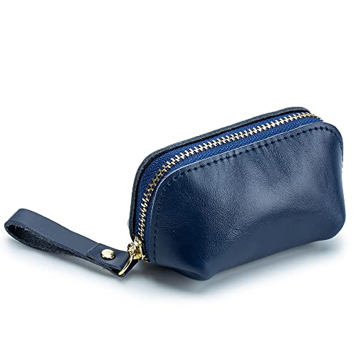 JIUFENG Münztasche mit Reißverschluss, kleine Geldbörse für Damen und Herren, schlichtes einfarbiges Leder, Mini-Geldbörse, Retro-Stil, Dunkelblau, 3.9"(L) x 2"(W) x 2.2"(H), modisch von JIUFENG