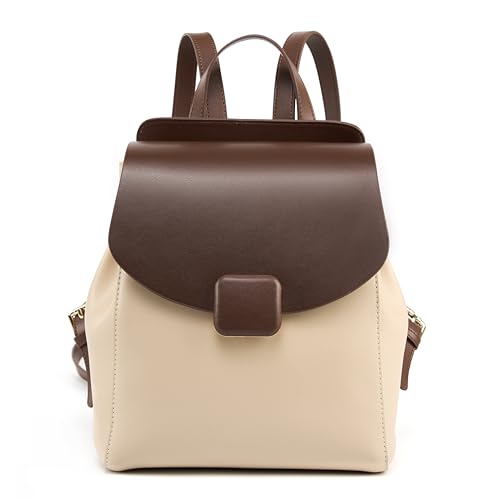 JIUFENG Rucksack-Geldbörse aus echtem Leder für Damen lässige Damen-Geldbörse Handtasche verstellbarer Riemen Magnetschnallenverschluss (Beige+Braun) von JIUFENG