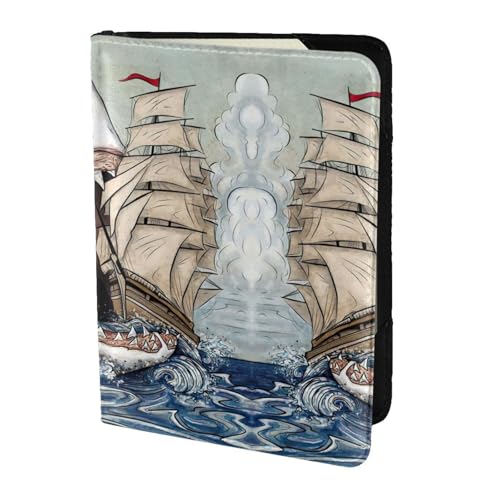 JIUTY Reisepasshülle aus Rindsleder, Motiv: Cartoon-Hai, essendes Schiff im Ozean, für Damen und Herren, Reisepasshülle, Zubehör, Schwarz , Einheitsgröße von JIUTY