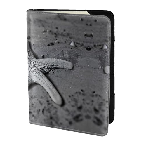 JIUTY Reisepasshülle für Damen und Herren, Motiv: Sommer-Seestern und Muscheln, Rindsleder, Reisepasshülle, Reisedokumenten-Zubehör, Schwarz , Einheitsgröße von JIUTY