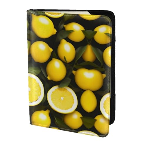 JIUTY Reisepasshülle für Damen und Herren, Rindsleder, Reisepasshülle, Reisedokumenten-Zubehör, Gelb mit Zitronenmuster, Schwarz , Einheitsgröße von JIUTY
