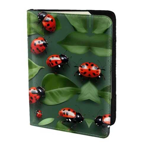 JIUTY Reisepasshülle mit Blätter- und Marienkäfer-Aufdruck, für Damen und Herren, Rindsleder, Reisepasshülle, Reisedokumenten-Zubehör, Schwarz , Einheitsgröße von JIUTY