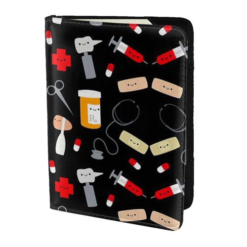 JIUTY Reisepasshülle mit Cartoon-Medizin-Muster, für Damen und Herren, Rindsleder, Reisepasshülle, Reisedokumenten-Zubehör, Schwarz , Einheitsgröße von JIUTY