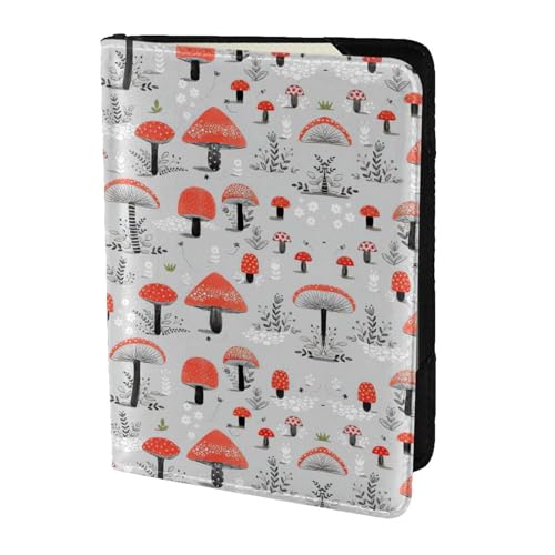 JIUTY Reisepasshülle mit Cartoon-Pilz-Druck, für Damen und Herren, Rindsleder, Reisepasshülle, Reisedokumenten-Zubehör, Schwarz , Einheitsgröße von JIUTY