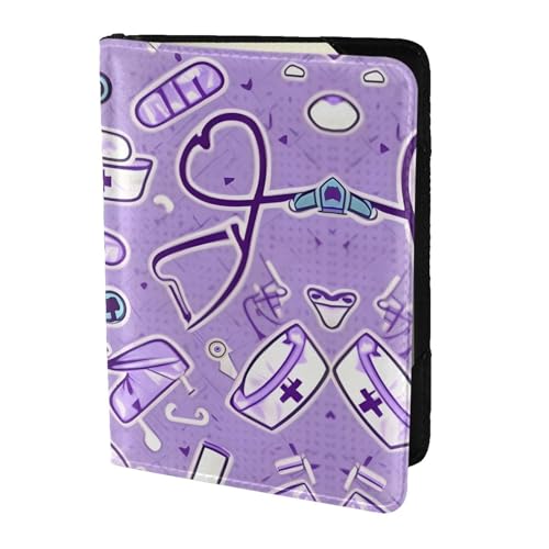 JIUTY Reisepasshülle mit Krankenschwestermuster, violetter Druck, für Damen und Herren, Rindsleder, Reisepasshülle, Reisedokumenten-Zubehör, Schwarz , Einheitsgröße von JIUTY