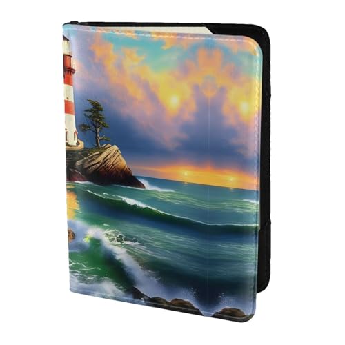 JIUTY Reisepasshülle mit Leuchtturm-Motiv, für Damen und Herren, Rindsleder, Reisepasshülle, Reisedokumenten-Zubehör, Schwarz , Einheitsgröße von JIUTY