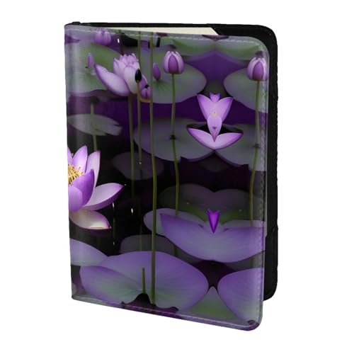 JIUTY Reisepasshülle mit Lotusblumen-Motiv, für Damen und Herren, Rindsleder, Reisepasshülle, Reisedokumenten-Zubehör, Violett, Schwarz , Einheitsgröße von JIUTY