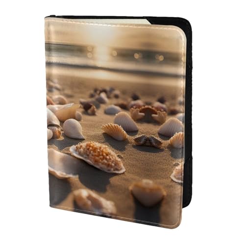 JIUTY Reisepasshülle mit Muschellandschaft am Strand, für Damen und Herren, Rindsleder, Reisepasshülle, Reisedokumenten-Zubehör, Schwarz , Einheitsgröße von JIUTY