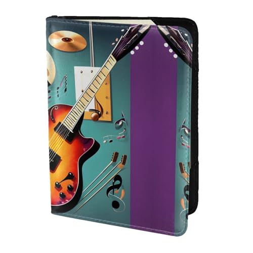 JIUTY Reisepasshülle mit Musikgitarre für Damen und Herren, Rindsleder, Reisepasshülle, Reisedokumenten-Zubehör, Schwarz , Einheitsgröße von JIUTY
