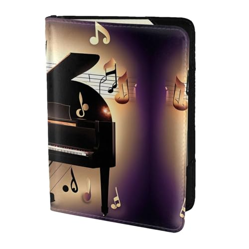 JIUTY Reisepasshülle mit Musiknoten-Klavierdruck, für Damen und Herren, Rindsleder, Reisepasshülle, Reisedokumenten-Zubehör, Schwarz , Einheitsgröße von JIUTY