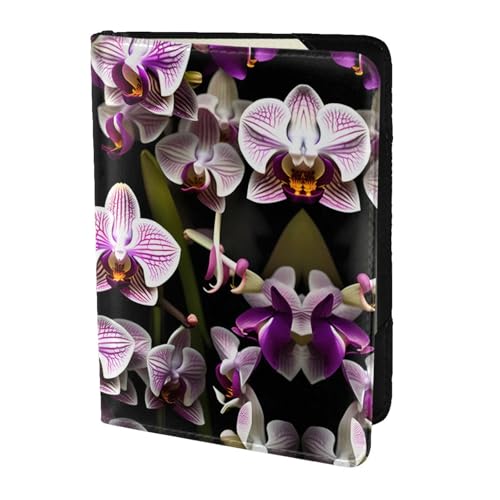 JIUTY Reisepasshülle mit Orchideen-Druck für Damen und Herren, Rindsleder, Reisepasshülle, Reisedokumenten-Zubehör, Schwarz , Einheitsgröße von JIUTY
