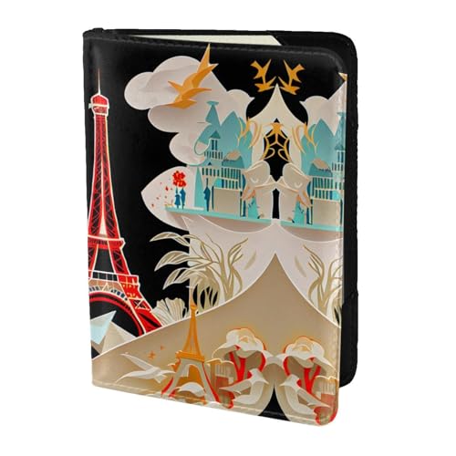 JIUTY Reisepasshülle mit Paris Eiffelturm-Druck, für Damen und Herren, Rindsleder, Reisepasshülle, Reisedokumenten-Zubehör, Schwarz , Einheitsgröße von JIUTY