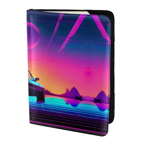 JIUTY Reisepasshülle mit Retrowave-Motivdruck, für Damen und Herren, Rindsleder, Reisepasshülle, Reisedokumenten-Zubehör, Schwarz , Einheitsgröße von JIUTY