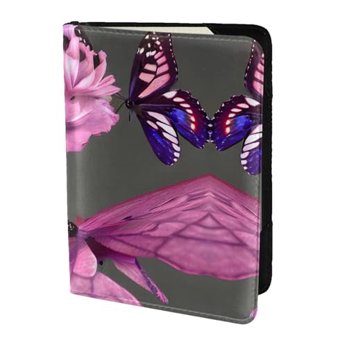 JIUTY Reisepasshülle mit Schmetterlings-Blumendruck, für Damen und Herren, Rindsleder, Reisepasshülle, Reisedokumenten-Zubehör, Schwarz , Einheitsgröße von JIUTY