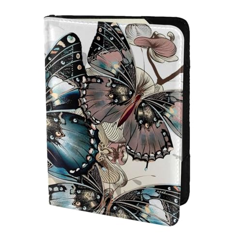 JIUTY Reisepasshülle mit Schmetterlings-Blumendruck, für Damen und Herren, Rindsleder, Reisepasshülle, Reisedokumenten-Zubehör, Schwarz , Einheitsgröße von JIUTY