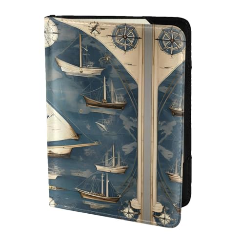 JIUTY Reisepasshülle mit Segelboot-Kartendruck, für Damen und Herren, Rindsleder, Reisepasshülle, Reisedokumenten-Zubehör, Schwarz , Einheitsgröße von JIUTY