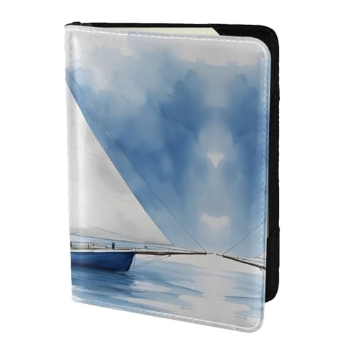 JIUTY Reisepasshülle mit Segelboot-Motiv, für Damen und Herren, Rindsleder, Reisepasshülle, Reisedokumenten-Zubehör, Blau, Schwarz , Einheitsgröße von JIUTY