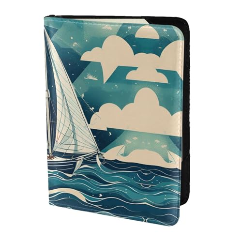 JIUTY Reisepasshülle mit Segelboot-Motiv, für Damen und Herren, Rindsleder, Reisepasshülle, Reisedokumenten-Zubehör, Schwarz , Einheitsgröße von JIUTY