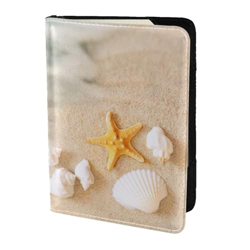 JIUTY Reisepasshülle mit Strandmuschel und Seestern-Druck, für Damen und Herren, Rindsleder, Reisepasshülle, Reisedokumenten-Zubehör, Schwarz , Einheitsgröße von JIUTY