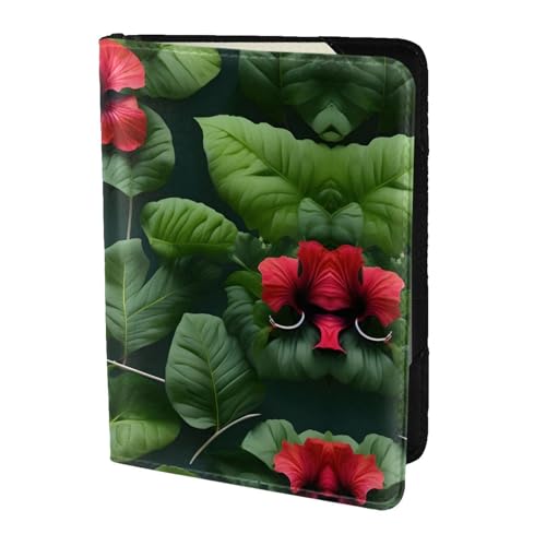 JIUTY Reisepasshülle mit Vegetationsblättern und Hibiskusblüten, für Damen und Herren, Rindsleder, Reisepasshülle, Reisedokumenten-Zubehör, Schwarz , Einheitsgröße von JIUTY