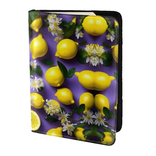 JIUTY Reisepasshülle mit Zitronen- und Blumendruck, für Damen und Herren, Rindsleder, Reisepasshülle, Reisedokumenten-Zubehör, Schwarz , Einheitsgröße von JIUTY