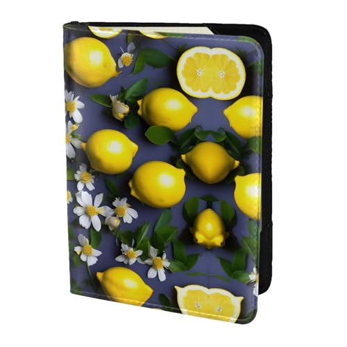 JIUTY Reisepasshülle mit Zitronen- und Blumendruck, für Damen und Herren, Rindsleder, Reisepasshülle, Reisedokumenten-Zubehör, Schwarz , Einheitsgröße von JIUTY