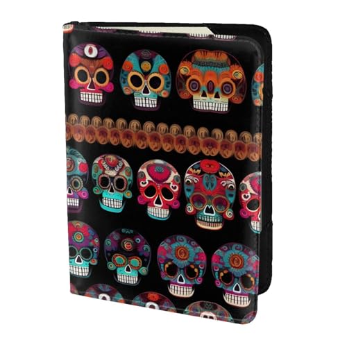JIUTY Reisepasshülle mit mexikanischem Totenkopf-Aufdruck, für Damen und Herren, Rindsleder, Reisepasshülle, Reisedokumenten-Zubehör, Schwarz , Einheitsgröße von JIUTY